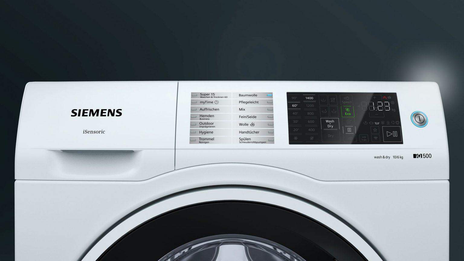 Mặt trước bảng điều khiển của máy giặt và sấy khô quần áo Siemens IQ500 WD14U510