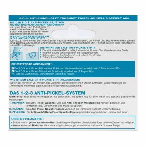 SOS Anti Pickel Stift Hautklar Anti Pickel 10ml Verpackung Rueckseite Garnier Deutschland gr