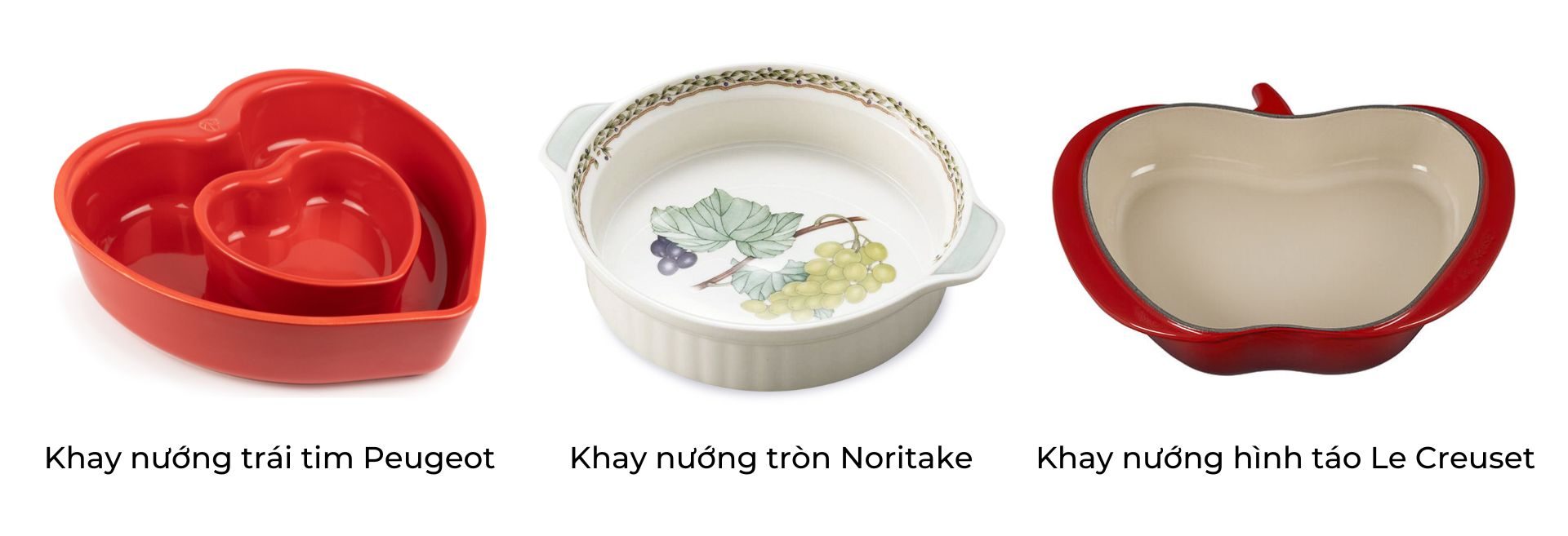 So sánh: Khay nướng trái tim Peugeot For You vs Khay nướng tròn Noritake vs Khay nướng hình táo Le Creuset