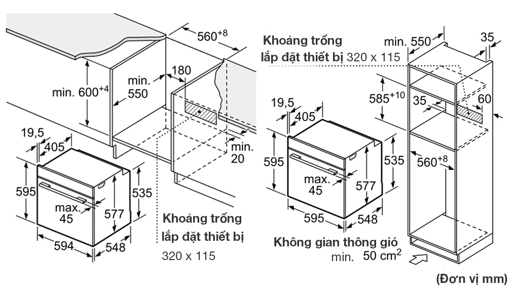 Lò nướng kèm hấp, vi sóng Bosch HNG6764 Serie 8 - Thông số lắp đặt