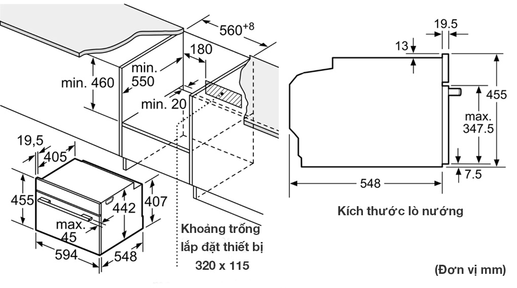 Lò Nướng Kèm Vi Sóng Bosch CMG633BB1 Serie 8 - Thông số lắp đặt bên trong kệ bếp ngang