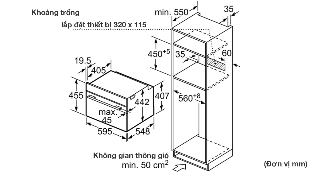 Lò Nướng Kèm Vi Sóng Bosch CMG633BB1 Serie 8 - Thông số lắp đặt bên trong kệ bếp đứng