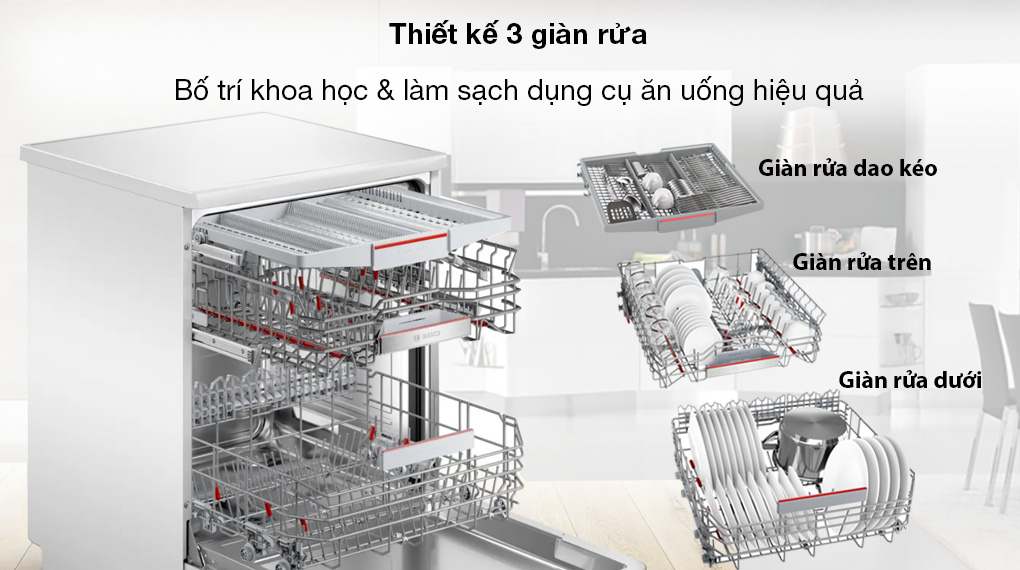 Máy rửa bát độc lập Bosch SMS6ECW00E Serie 6 - Thiết kế 3 giàn rửa được bố trí khoa học