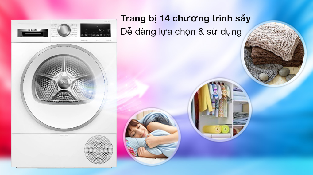 Máy sấy bơm nhiệt Bosch 8 kg WQG233C90 Serie 6 - Trang bị 14 chương trình sấy