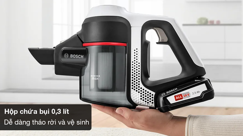 Máy hút bụi không dây Bosch BCS61113 Unlimited 6-Hộp chứa bụi 0,3 lít, dễ dàng tháo rời và vệ sinh