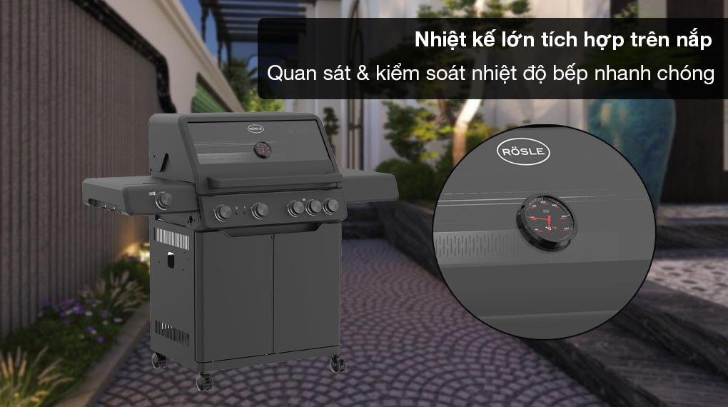 Bếp nướng gas Rösle ALLFLAME Hero 4 21000 W-Nhiệt kế lớn tích hợp trên nắp Bếp nướng gas Rösle ALLFLAME Hero 4 21000 W-Nhiệt kế lớn tích hợp trên nắp