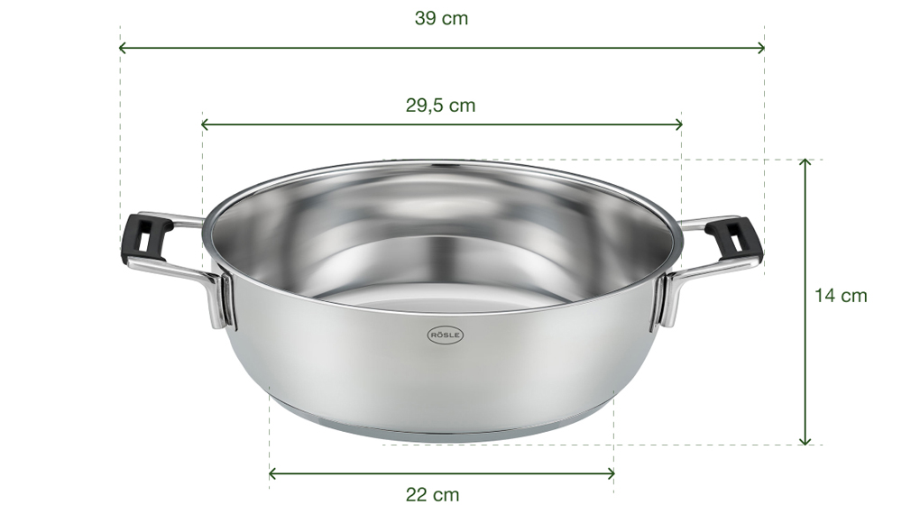 Chảo inox 2 quai Rösle 910950 SILENCE PRO - Kích thước chảo