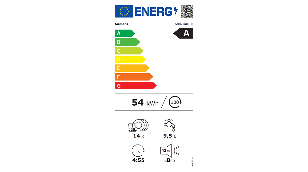 Công suất 2400 W, tiêu thụ khoảng 9,5 lít nước và 0,54 kWh/lần rửa, đạt nhãn năng lượng A may rua bat am tu siemens sn87tx00ce iq700 2 1