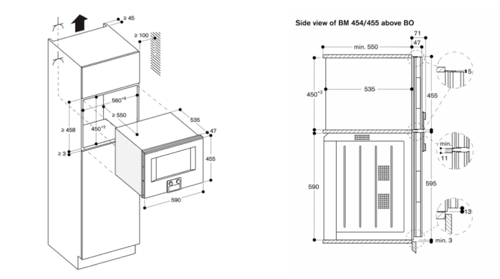 Lò nướng kèm vi sóng Gaggenau BM45 Series 400 âm tủ - Thông số lắp đặt Lò nướng kèm vi sóng Gaggenau BM45 Series 400 âm tủ