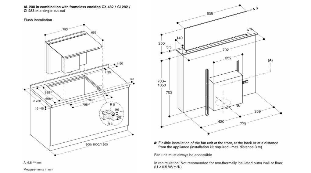 Máy hút mùi âm bàn Gaggenau AL200180 Serie 200 - Thông số lắp đặt Máy hút mùi âm bàn Gaggenau AL200180 Serie 200