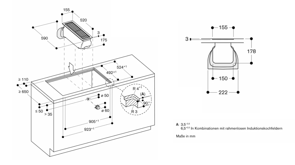Máy hút mùi âm bàn Gaggenau VL414115 Serie 400 - Thông số lắp đặt Máy hút mùi âm bàn Gaggenau VL414115 Serie 400