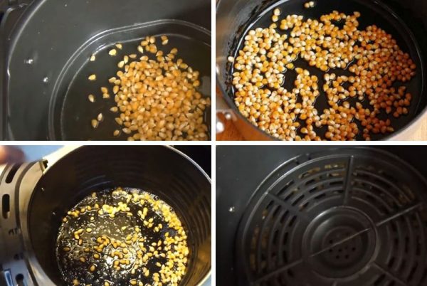 Cách làm bắp rang bơ bằng nồi chiên không dầu siêu tốc trong 15 phút 2 Đừng quên đậy khay chiên để bảo vệ nồi khỏi hạt bắp