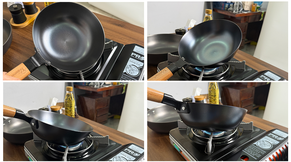 Hướng dẫn tôi dầu chảo gang La gourmet - Có thể nghiêng chảo trên bếp để gia nhiệt nhanh và đều hơn Hướng dẫn tôi dầu chảo gang La gourmet