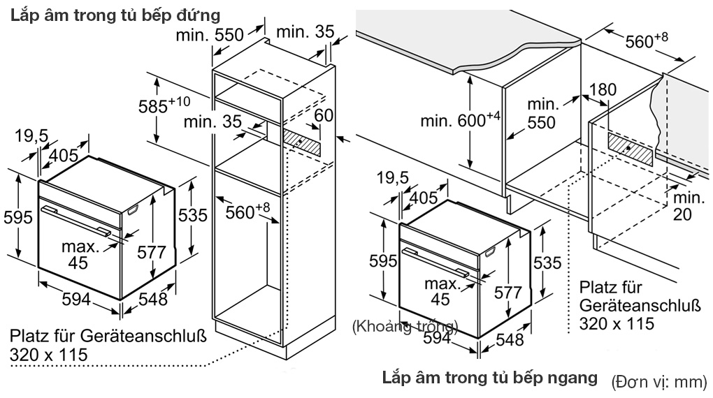 Lò nướng kèm hấp Bosch HSG7584B1 Series 8 âm tủ-Thông số lắp đặt Lò nướng kèm hấp Bosch HSG7584B1 Series 8 âm tủ-Thông số lắp đặt