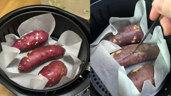 Cách nướng khoai bằng nồi chiên không dầu thơm ngon, dẻo ngọt tại nhà 3 Nướng khoai nguyên củ bằng nồi chiên không dầu giúp khoai chín vàng, vỏ xém, ruột dẻo ngọt và giữ trọn hương vị tự nhiên