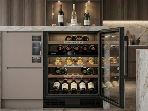 Công nghệ cốt lõi của tủ bảo quản rượu Bosch nằm ở 2 vùng nhiệt độ độc lập – bạn điều chỉnh riêng biệt từ 5°C đến 20°C (thường 7–19°C ở một số mẫu như KWK36ABGA). Ví dụ: vùng trên để rượu vang trắng ở 8–12°C, vùng dưới để rượu vang đỏ ở 14–18°C. Hệ thống làm lạnh bằng máy nén kết hợp quạt tuần hoàn đảm bảo nhiệt độ ổn định, độ ẩm duy trì tự nhiên 50–70% mà không cần thêm khay nước. Bộ lọc than hoạt tính (AirFresh hoặc tương đương) loại bỏ mùi lạ, giữ không khí bên trong sạch sẽ, tránh lây nhiễm mùi giữa các loại rượu. Hệ thống chống rung vượt trội: ray trượt giảm chấn, kệ gỗ hấp thụ rung động từ máy nén hoặc sàn nhà. Độ ồn chỉ khoảng 38 dB (mức C theo tiêu chuẩn EU) – êm hơn tiếng thì thầm, bạn đặt tủ ngay phòng khách mà không lo ảnh hưởng giấc ngủ hay bữa tiệc.