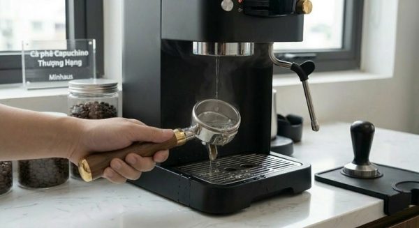 Máy pha cà phê Capuchino chính hãng, giá tốt - Top 3 lựa chọn tốt nhất 2026 4 Vệ sinh tay cầm máy pha cà phê dưới vòi nước nóng.