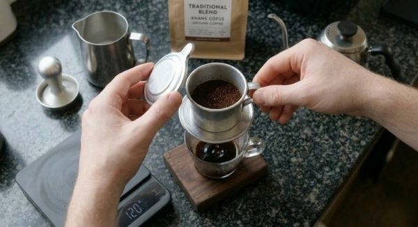 Cà phê Capuchino là gì? Cách pha cà phê Capuchino chuẩn vị. 5 Sử dụng phin truyền thống để chiết xuất nước cốt cà phê đậm đặc.