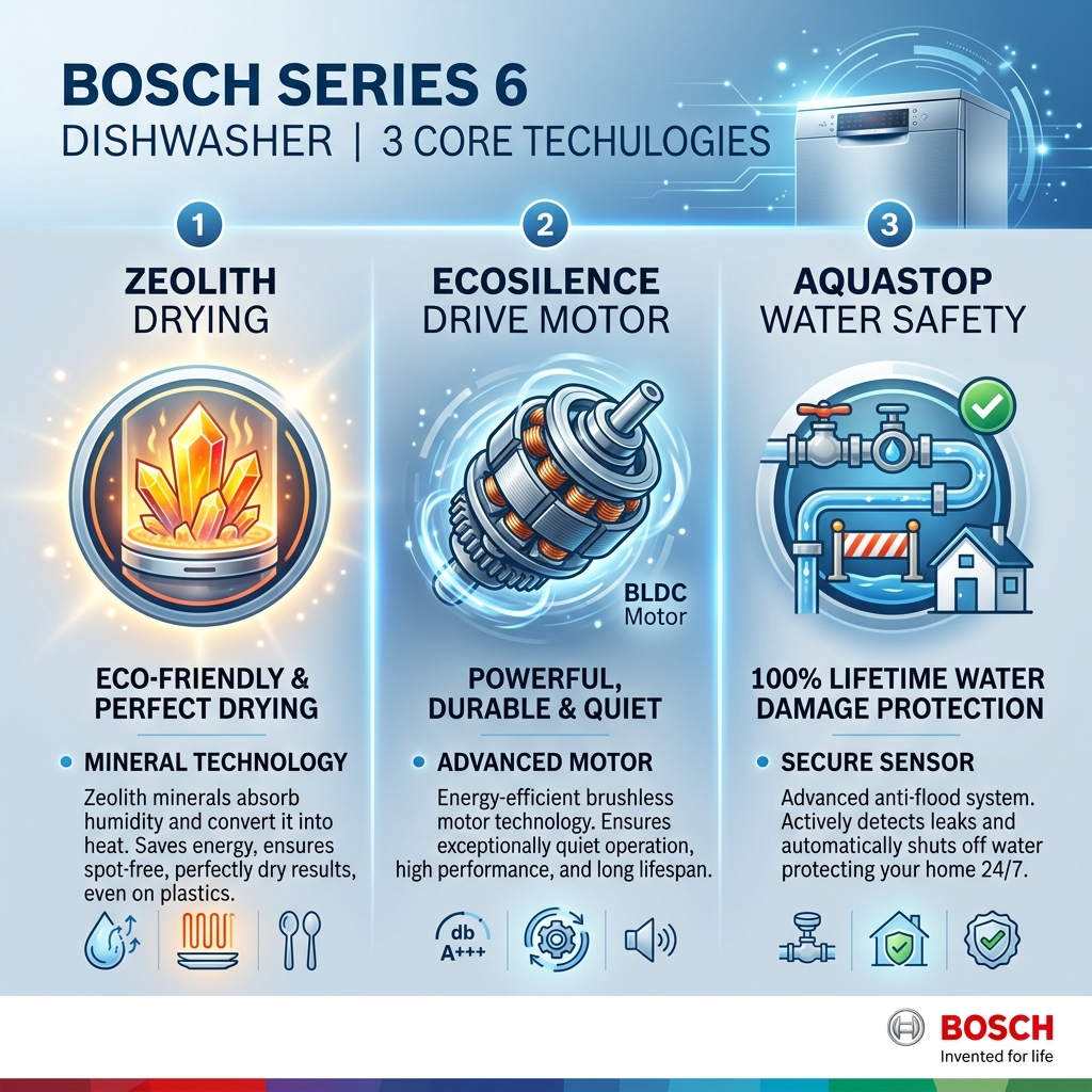 Bảng giá máy rửa chén Bosch Series 6 mới nhất 2026 3 3 công nghệ cốt lõi trên máy rửa chén Bosch Series 6: Zeolith, EcoSilence Drive, AquaStop