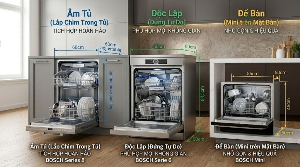 Kích thước máy rửa chén Bosch tiêu chuẩn và cách chọn 1 3 kiểu máy rửa chén Bosch: âm tủ, độc lập và để bàn với kích thước minh họa