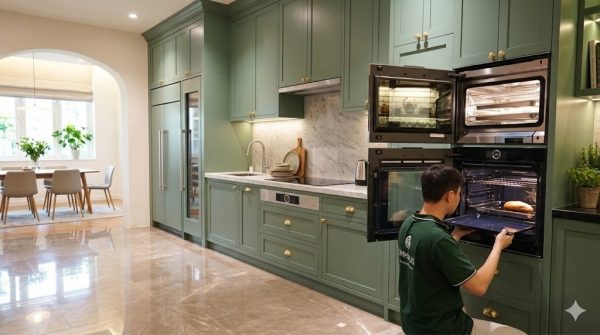 Kích thước lò nướng Bosch âm tủ: Bảng tra đầy đủ 7 Kỹ thuật viên Minhaus khảo sát đo đạc hộc tủ bếp trước khi lắp lò nướng Bosch