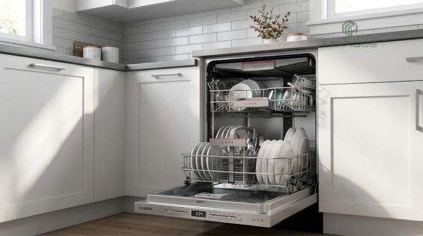 Cách sử dụng máy rửa chén Bosch Serie 4 chi tiết 1 Máy rửa chén Bosch Serie 4 cửa mở với bát đĩa xếp gọn gàng trong bếp hiện đại