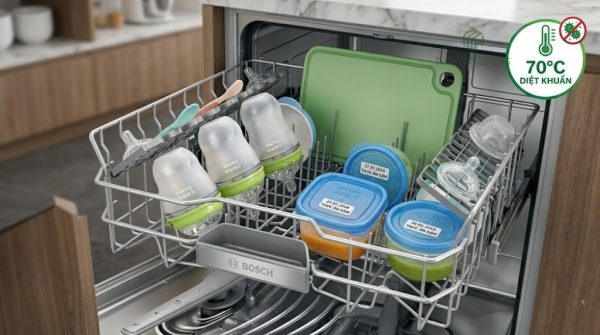 Cách sử dụng máy rửa chén Bosch Serie 4 chi tiết 5 Rửa bình sữa trẻ em trong máy rửa chén Bosch Serie 4 với chế độ Hygiene Plus 70°C