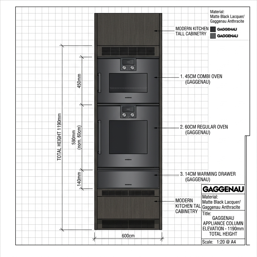 Lò combine Gaggenau: Nướng kết hợp hấp & vi sóng 5 Bản vẽ cột thiết bị Gaggenau: lò combine + lò nướng + ngăn giữ ấm trong tủ bếp