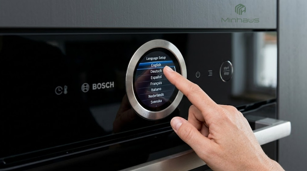 Cách sử dụng lò nướng Bosch từ A-Z cho người mới 2 Bảng điều khiển cảm ứng TFT lò nướng Bosch Series 8 cài đặt lần đầu