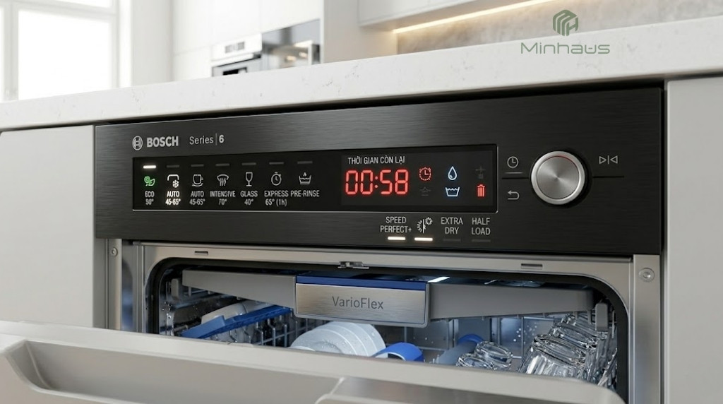 So sánh máy rửa chén Bosch và Hafele: Loại nào tốt? 5 Bảng điều khiển máy rửa chén Bosch Series 6 với các chương trình rửa và màn hình LED