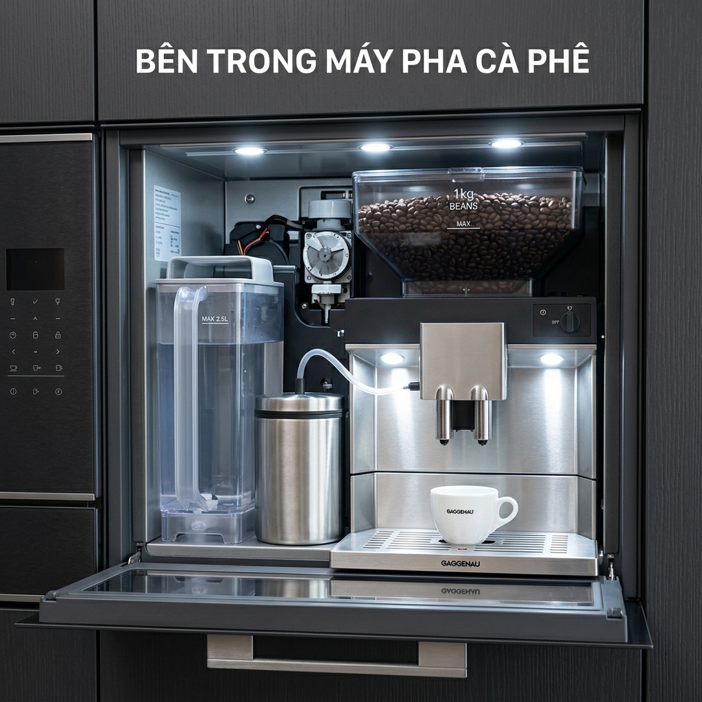 Máy pha cà phê âm tủ Gaggenau: Review dòng 400 Series chi tiết 2026 3 Bên trong máy pha cà phê Gaggenau CM450112 - bình nước, bình sữa, ngăn hạt cà phê