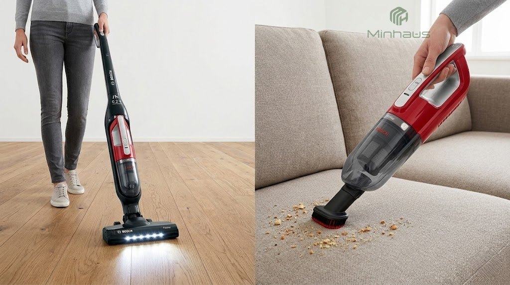 Máy hút bụi cầm tay Bosch: 5 model đáng mua nhất cho gia đình 2026 4 Bosch Flexxo Gen2 thiết kế 2-trong-1: hút sàn và tách cầm tay hút sofa