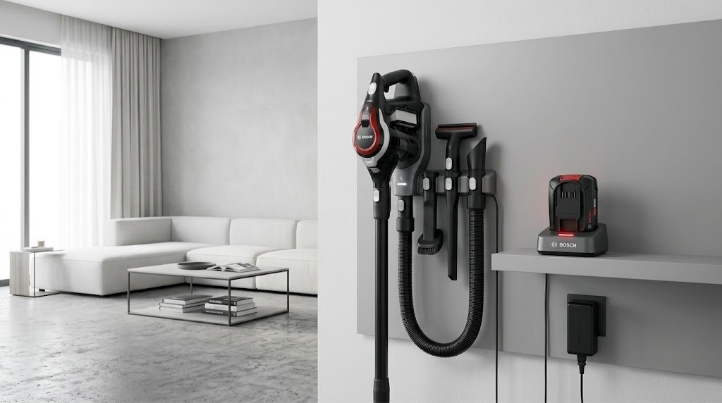 Máy hút bụi cầm tay Bosch: 5 model đáng mua nhất cho gia đình 2026 6 Bosch Unlimited Series 8 treo đế sạc tường với phụ kiện và pin dự phòng