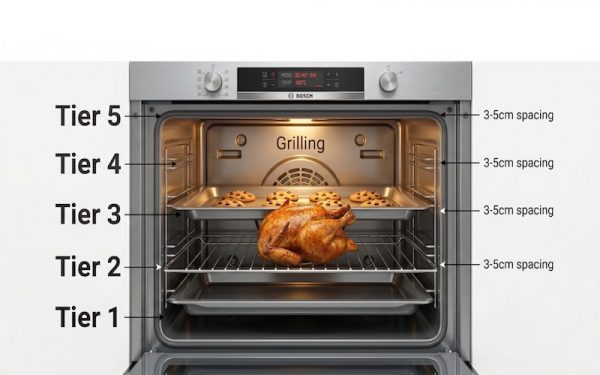 Cách sử dụng lò nướng Bosch series 4 đúng chuẩn tại nhà 2 Cách đặt khay nướng và vỉ nướng đúng tầng trong lò Bosch Series 4