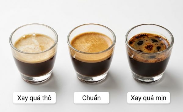 Cách Sử Dụng Máy Pha Cà Phê Espresso Chuẩn Barista 3 So sánh espresso lỗi và đúng: crema mỏng nhạt màu (under-extracted), crema đen loang lổ (over-extracted) vs crema vàng nâu hổ phách đúng chuẩn