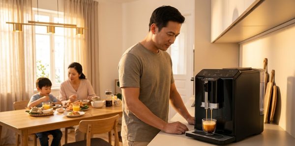 Khám Phá Cách Sử Dụng Máy Pha Cà Phê Gia Đình Bền Bỉ Nhất 1 Gia đình Việt Nam sử dụng máy pha cà phê tự động Bosch VeroCafe buổi sáng — tiện lợi và hương vị đồng đều mỗi ngày