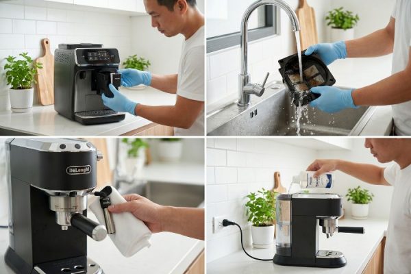 Khám Phá Cách Sử Dụng Máy Pha Cà Phê Gia Đình Bền Bỉ Nhất 3 Vệ sinh máy pha cà phê gia đình Philips — tháo brewing unit rửa dưới vòi nước, lau steam wand và đổ khay cặn
