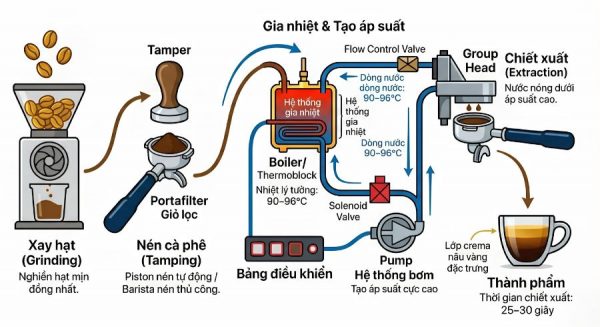 Phân tích chi tiết cấu tạo máy pha cà phê Espresso hiện nay 4 Quy trình chi tiết vận hành bên trong máy pha cà phê