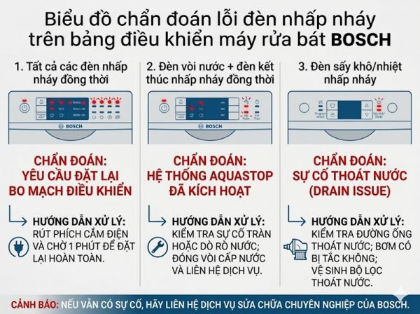 Đèn báo máy rửa chén Bosch: Ý nghĩa và cách xử lý 3 Đèn báo nhấp nháy bất thường máy rửa chén Bosch - cách nhận biết và xử lý