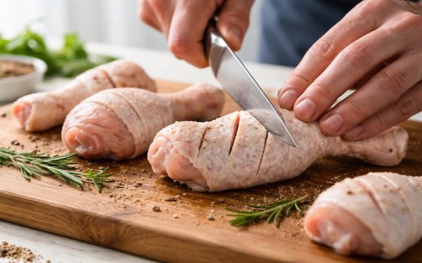 Cách làm đùi gà nướng mật ong vàng óng, thịt mềm không bị khô 2 sơ chế đùi gà khứa thịt thấm khô trước khi ướp nướng