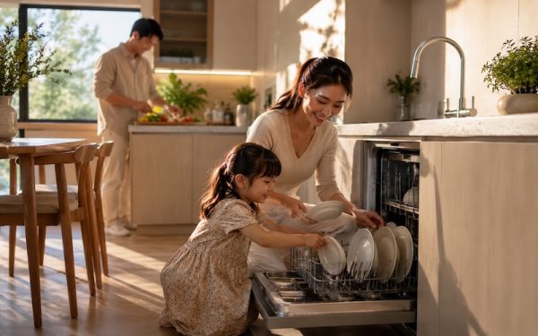 gia đình Việt hiện đại với máy rửa bát Bosch âm tủ không gian bếp đẹp