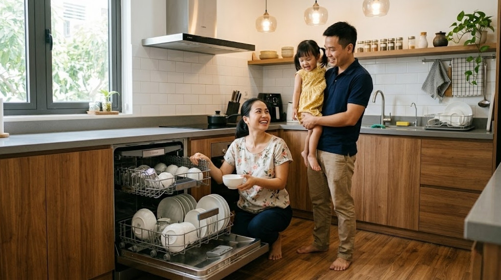 So sánh máy rửa chén Bosch và Hafele: Loại nào tốt? 8 Gia đình trẻ sử dụng máy rửa chén Bosch âm tủ trong bếp hiện đại