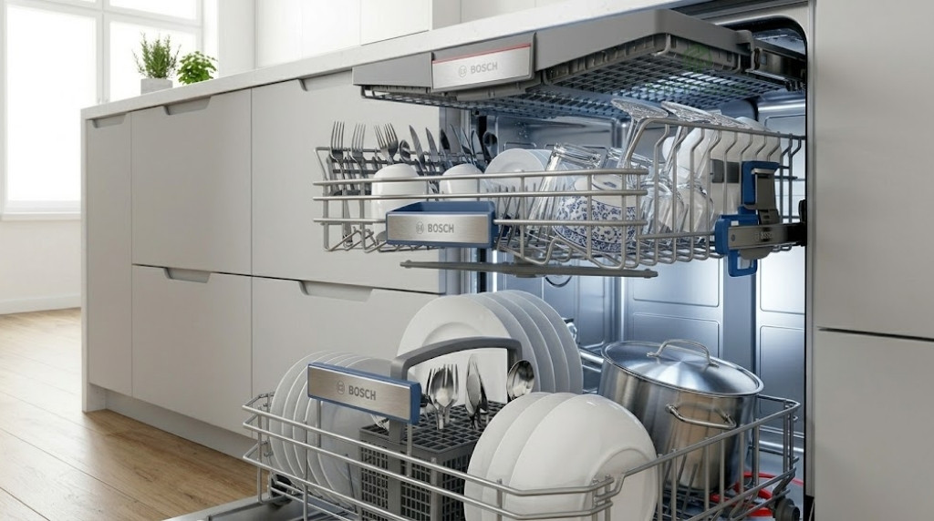 So sánh máy rửa chén Bosch và Hafele: Loại nào tốt? 4 Giàn rửa 3 tầng RackMatic bên trong máy rửa chén Bosch Series 6