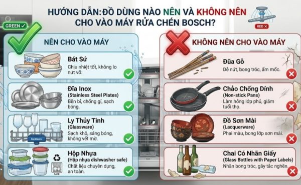 Cách xếp chén bát vào máy rửa chén Bosch đúng cách 7 Infographic đồ nên và không nên cho vào máy rửa chén Bosch