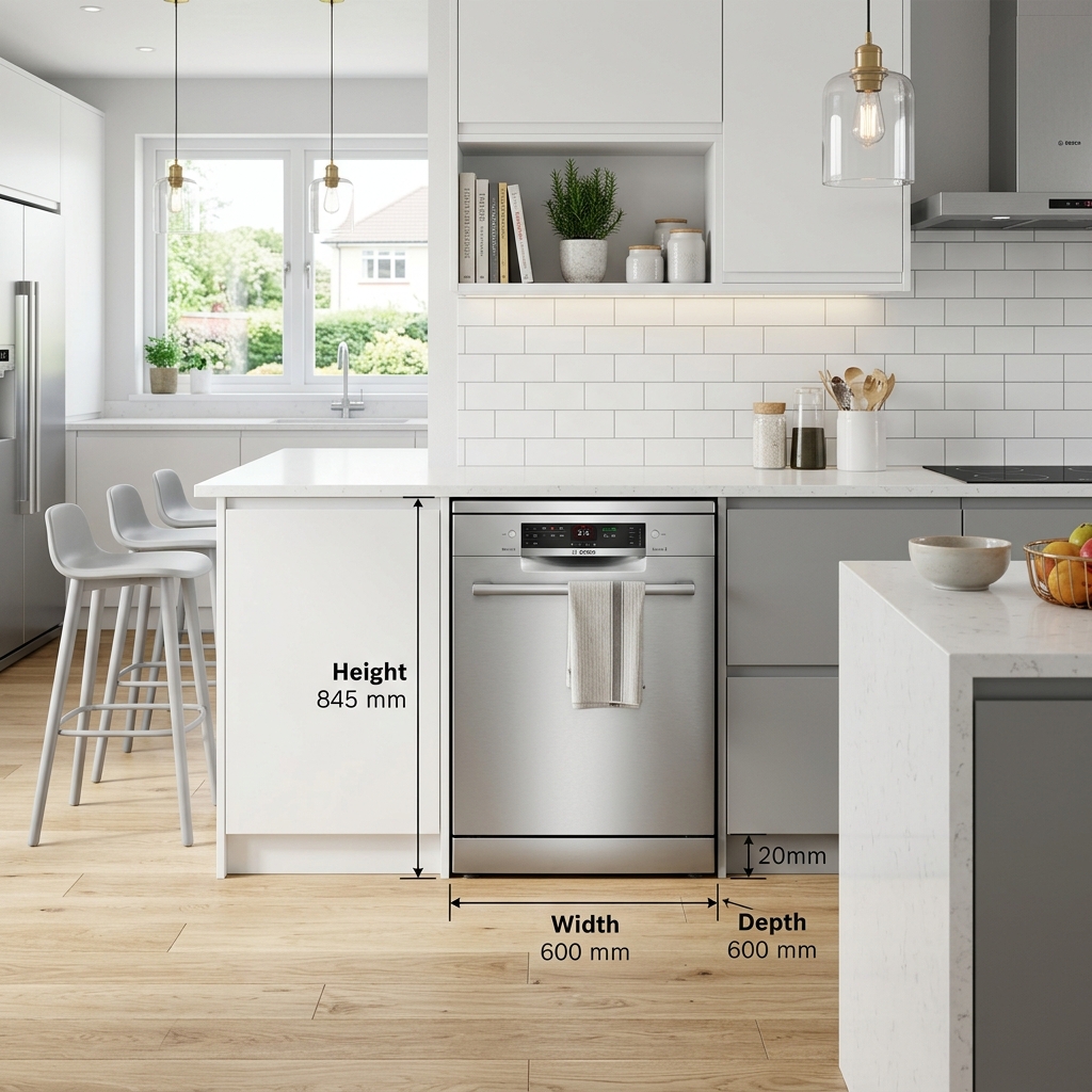 Kích thước máy rửa chén Bosch Series 6 đầy đủ 2026 1 Kích thước máy rửa chén Bosch Series 6 độc lập 845 x 600 x 600 mm trong bếp hiện đại