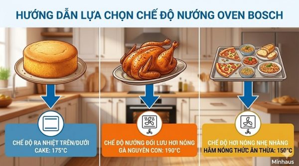 Ký hiệu lò nướng Bosch: Ý nghĩa từng biểu tượng chức năng 4 Gợi ý chọn chế độ lò nướng Bosch theo loại món: bánh dùng Top/Bottom, thịt dùng Hot Air Grilling, hâm nóng dùng HotAir Gentle