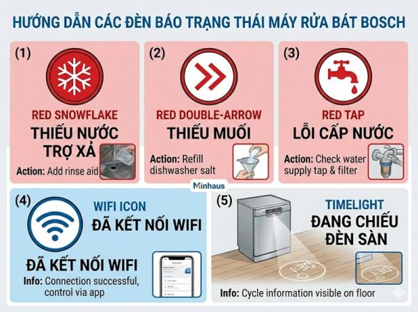 Hướng dẫn đọc ký hiệu máy rửa chén Bosch dễ hiểu 3 Giải thích ký hiệu trạng thái và đèn báo máy rửa chén Bosch - hướng dẫn xử lý từng loại đèn