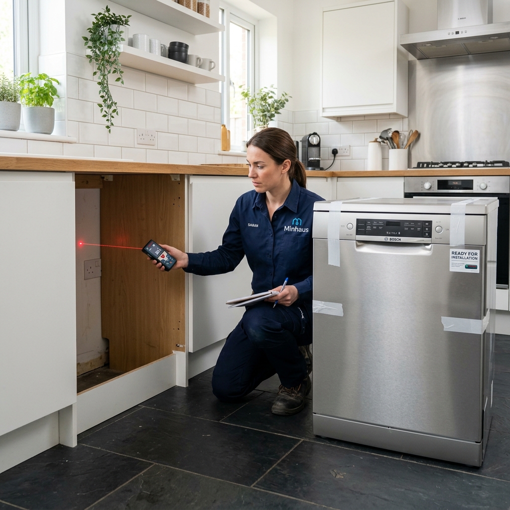 Kích thước máy rửa chén Bosch Series 6 đầy đủ 2026 6 Kỹ thuật viên Minhaus khảo sát đo đạc hộc tủ bếp trước khi lắp máy rửa chén Bosch Series 6