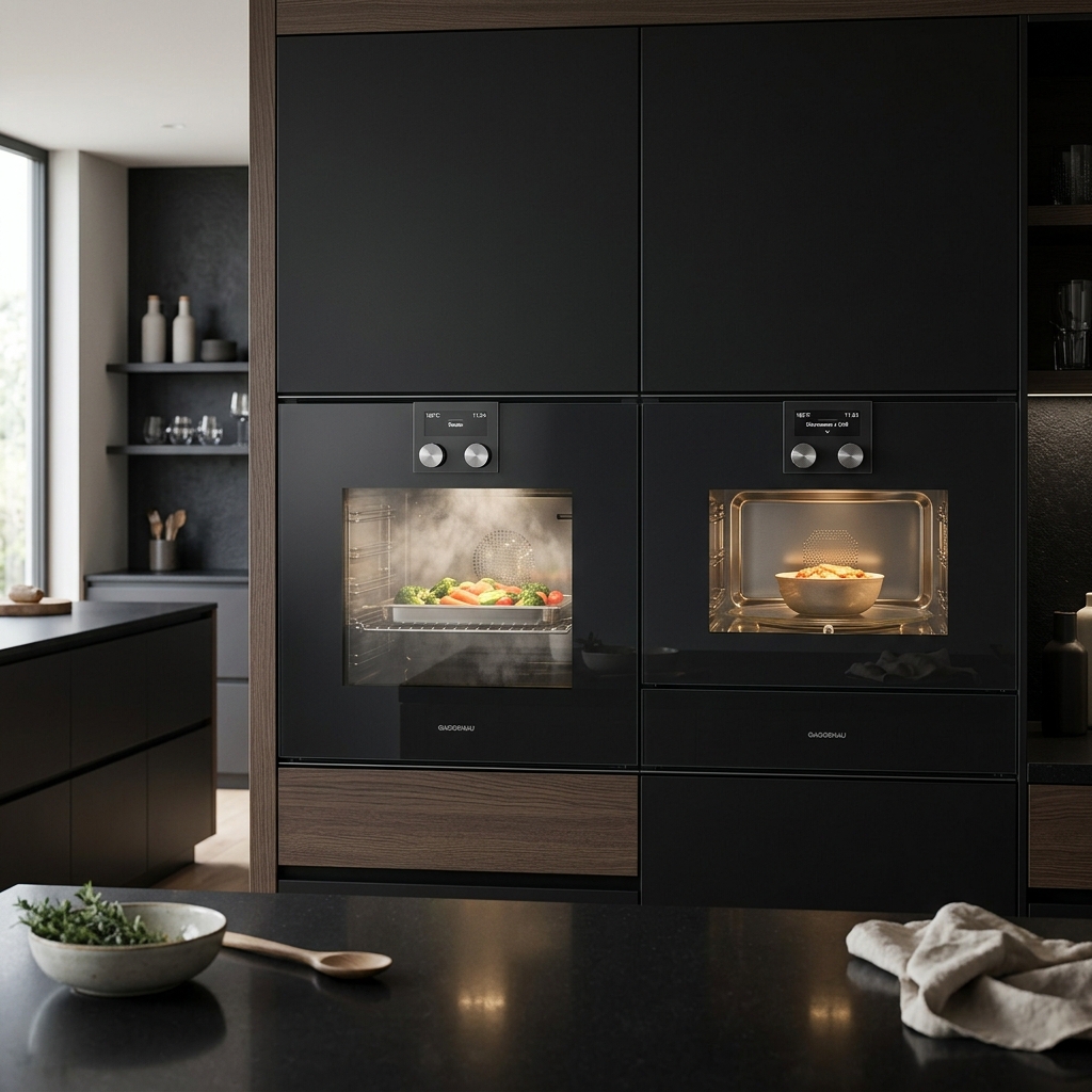 Lò combine Gaggenau: Nướng kết hợp hấp & vi sóng 1 Lò combine Gaggenau 400 Series: lò nướng hấp BS450 và lò nướng vi sóng BM450 trong bếp cao cấp