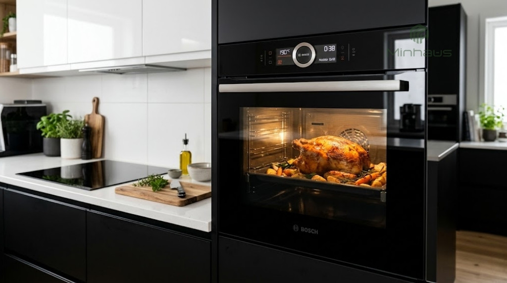 Cách sử dụng lò nướng Bosch từ A-Z cho người mới 1 Lò nướng Bosch Series 8 âm tủ đang nướng thịt gà chín vàng trong bếp hiện đại
